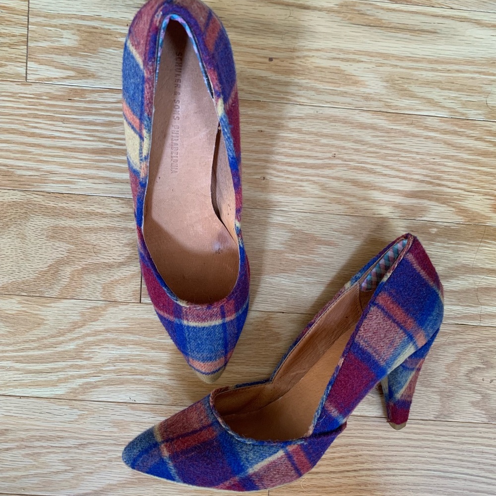 Plaid, wool high heels